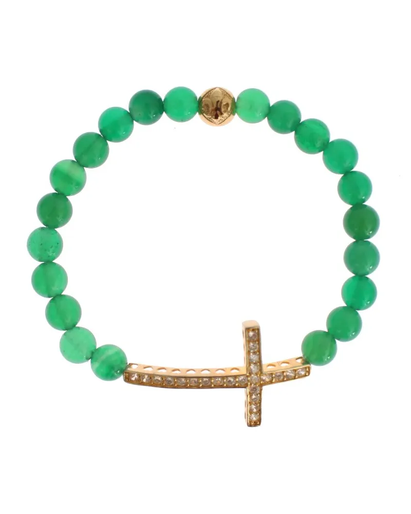 Nialaya Jade Stein Gold CZ Kreuz 925 Silberarmband Grün