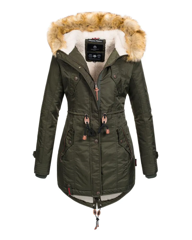 NAVAHOO Damen Winterjacke B399 – Warm, Wasserabweisend & Mit Abnehmbarem Kunstfellkragen Grün