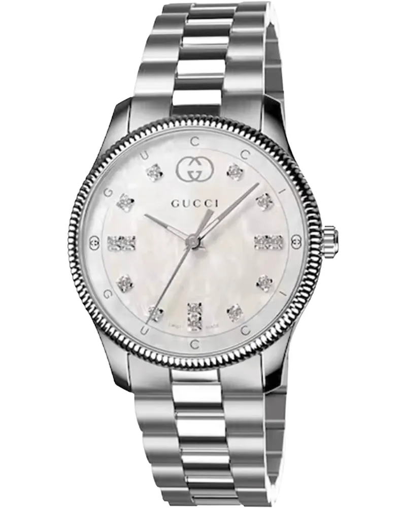Gucci YA1265064 G-Timeless Damenarmbanduhr 29 mm Perlmuttzifferblatt mit Diamantakzenten Silber
