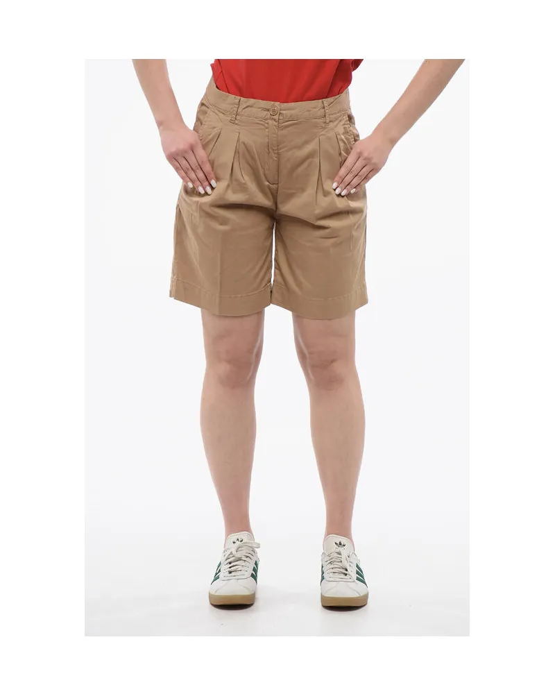 Woolrich Doppelt plissierte Shorts aus Stretch-Baumwolle mit Gürtelschlaufen in Beige Beige