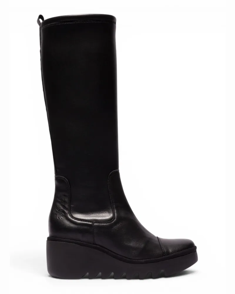 Fly London Damen Schwarze Lederstiefel mit hohem Keilabsatz – BUDI603 Schwarz