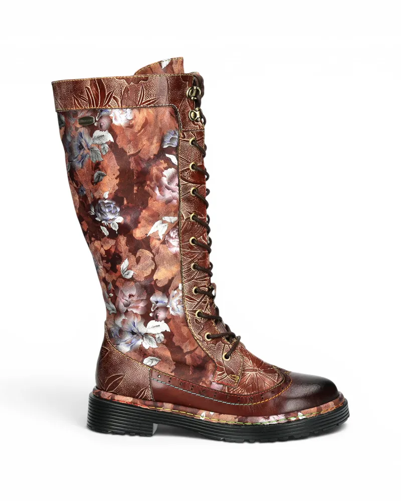 Laura Vita Damen-Maroon-Gotische viktorianische Blumen-Maroon-Leder-Knieschnürstiefel – Incaso-50 Rotbraun