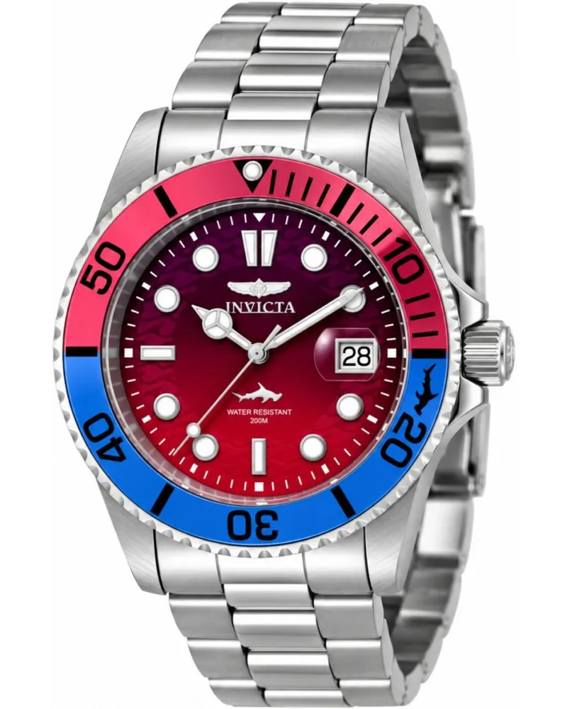 Invicta Pro Diver 50902 Herrenuhr - Quarzwerk - Edelstahl mit rotem Zifferblatt - 42 mm Silber