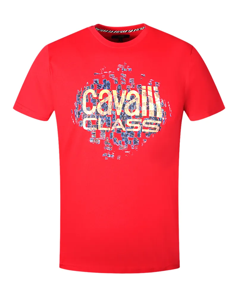 Roberto Cavalli Gradien Skalen Design Logo Rotes T-Shirt Rot