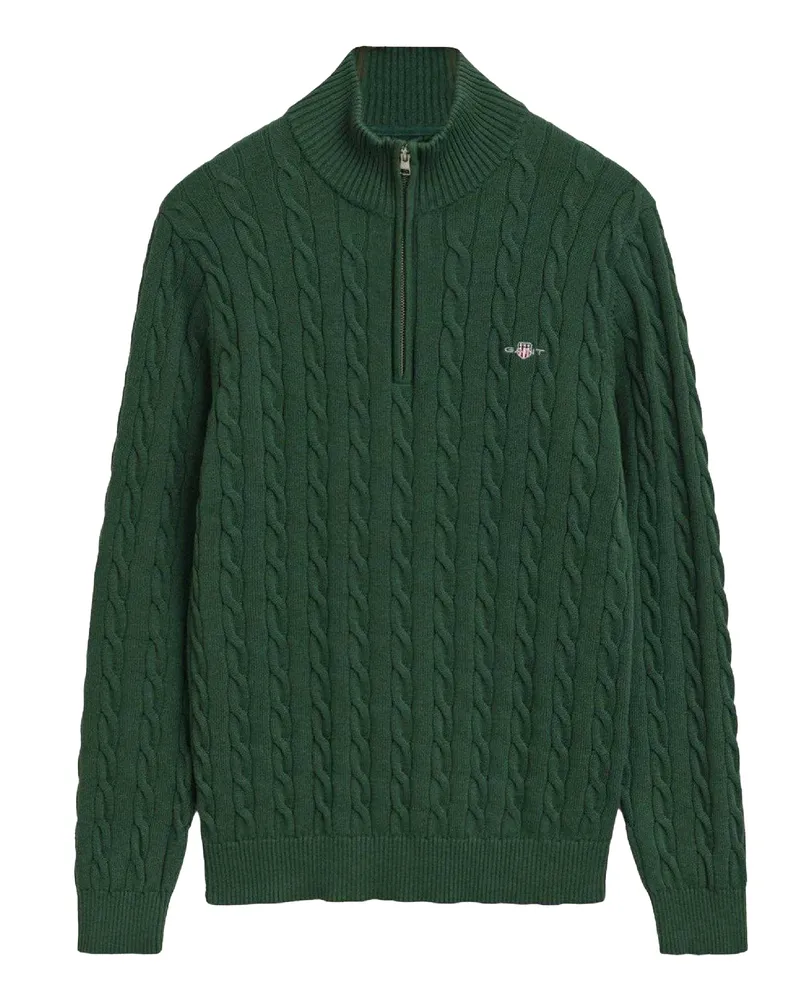 Gant Pullover für Herren, mit halbem Reißverschluss, Mit Zopfmuster (Grün Grün