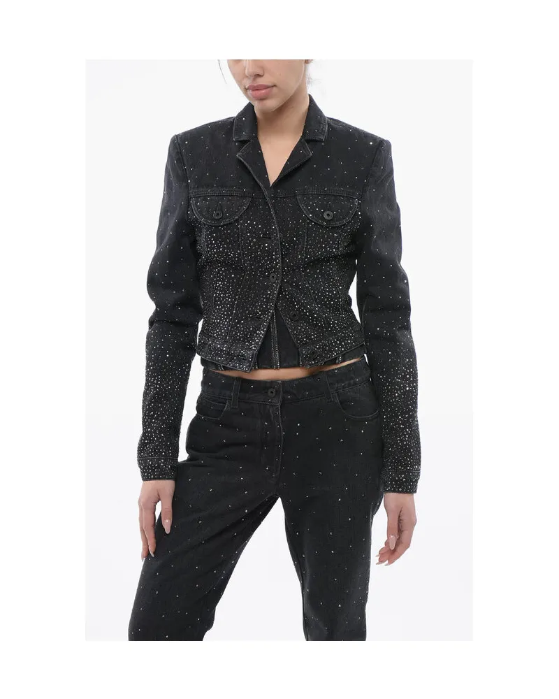 OFF-WHITE Cropped Fit BLING Jeansjacke mit Strass - Schwarz Schwarz