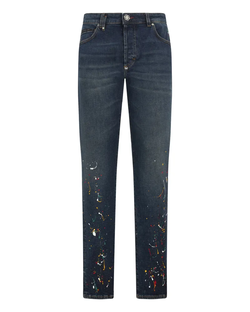 Philipp Plein Super straight Jeans mit Paint-Detail - Dunkelblau Dunkelblau