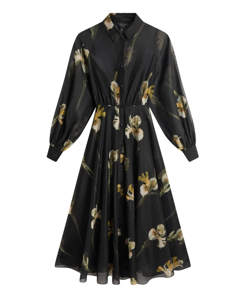 Ted Baker Schwarzes Midikleid „liorra" Aus Bedrucktem Organza Mit Gürtel Von Schwarz
