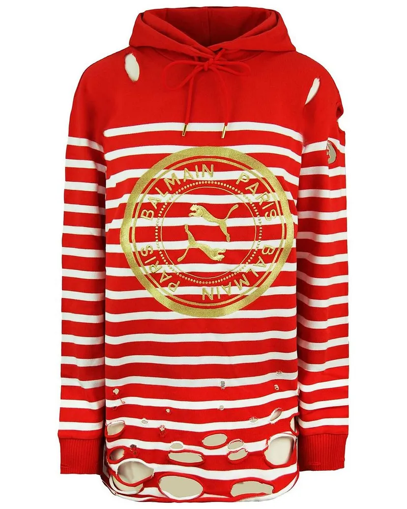 Puma x Balmain Damen-Hoodie im Distressed-Look in Rot und Weiß Rot