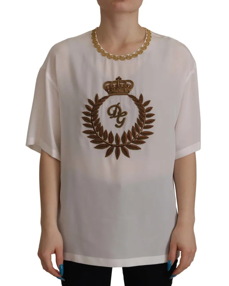 Dolce & Gabbana Weiße Seiden-Gold DG Krone Kristallbluse Damenoberteil Weiß