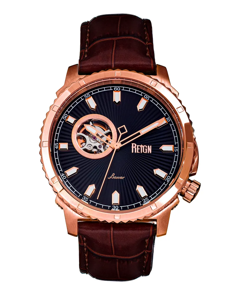 Reign Bauer Automatikuhr mit Semiskelett und Lederarmband Roségold