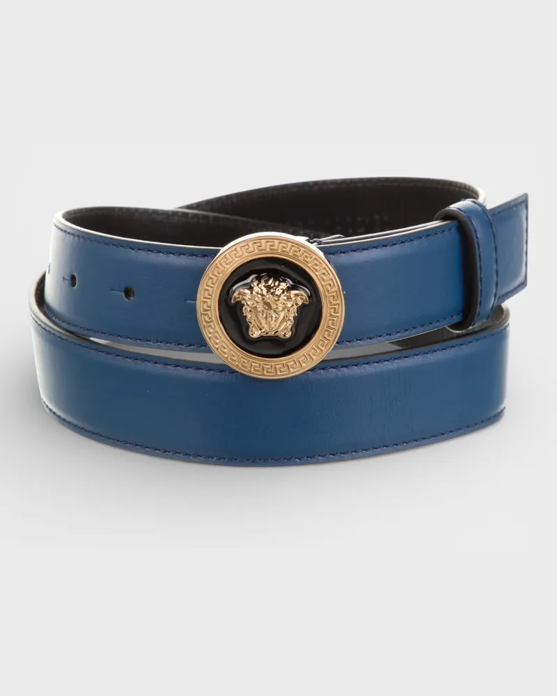 Versace Medusa Leder-Gürtel, Marineblau und Schwarz Blau