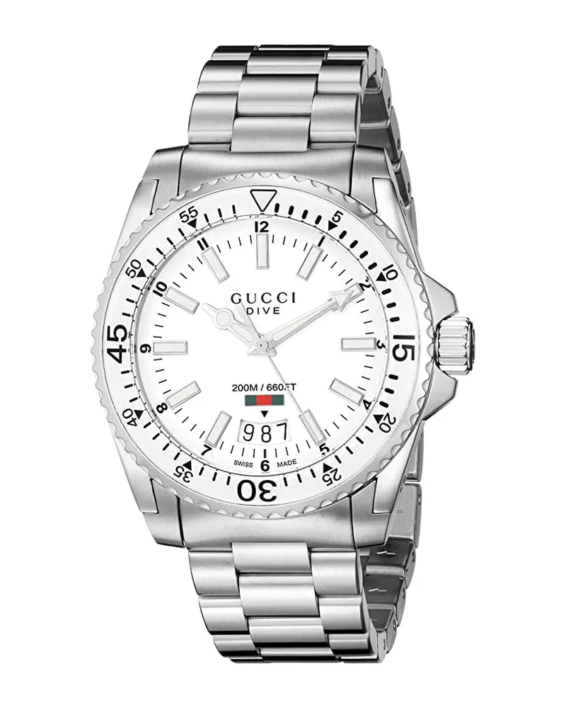 Gucci Dive Edelstahlarmband Uhr mit weißem Zifferblatt für Herren Weiß