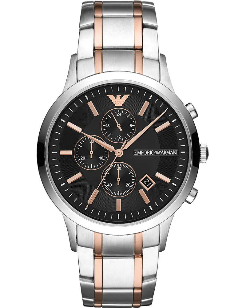 Emporio Armani Elegante Herrenuhr der Marke Armani. Die Uhr hat ein Armband, das auch kleiner gemacht werden kann, das Gehäuse hat einen Durchmesser von 43 mm und das Uhrwerk ist ein Quarzwerk.  Marke: Modellname: AR11165 (43mm)Kategorie: HerrenuhrMaterialien: EdelstahlFarben: silber, rosa, schwarz Silber