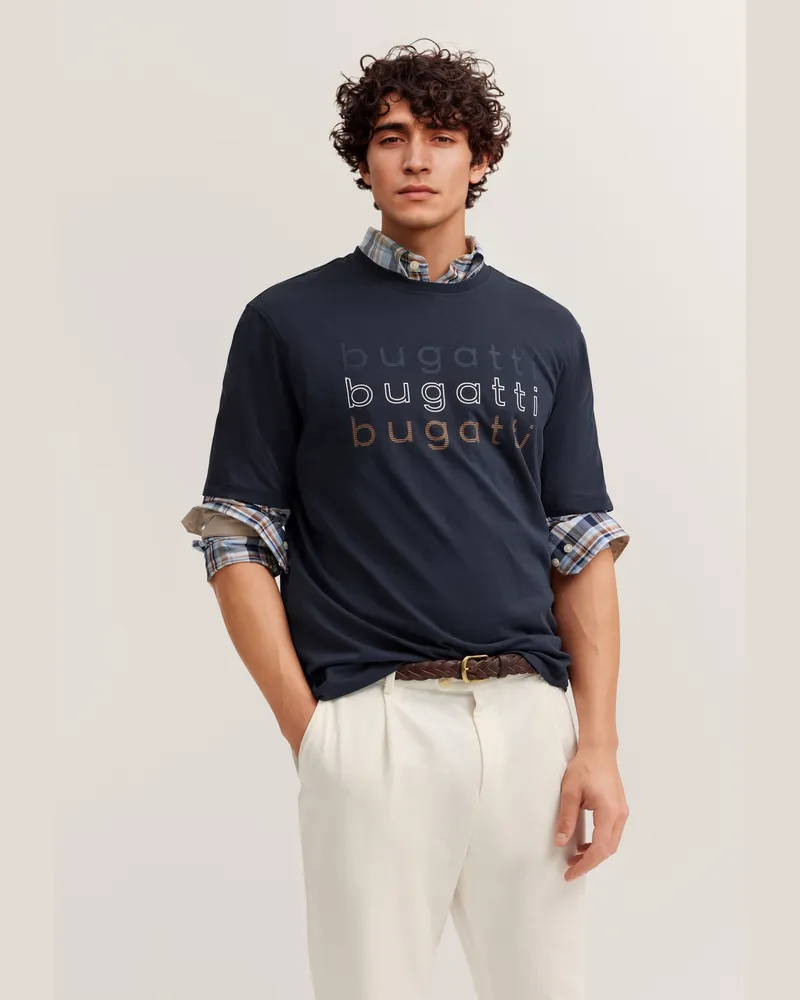 Bugatti Herren T-Shirt mit einem bugatti-Print Marineblau