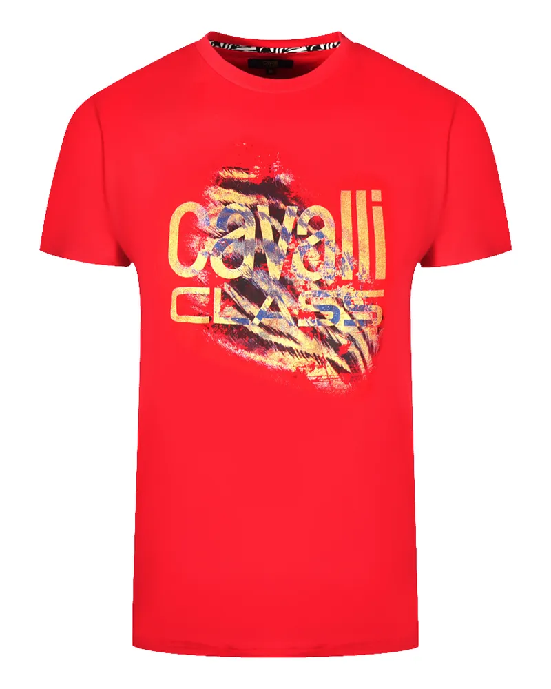 Roberto Cavalli Geschnittenes Tiger-Print Fett-Logo Rotes T-Shirt Rot