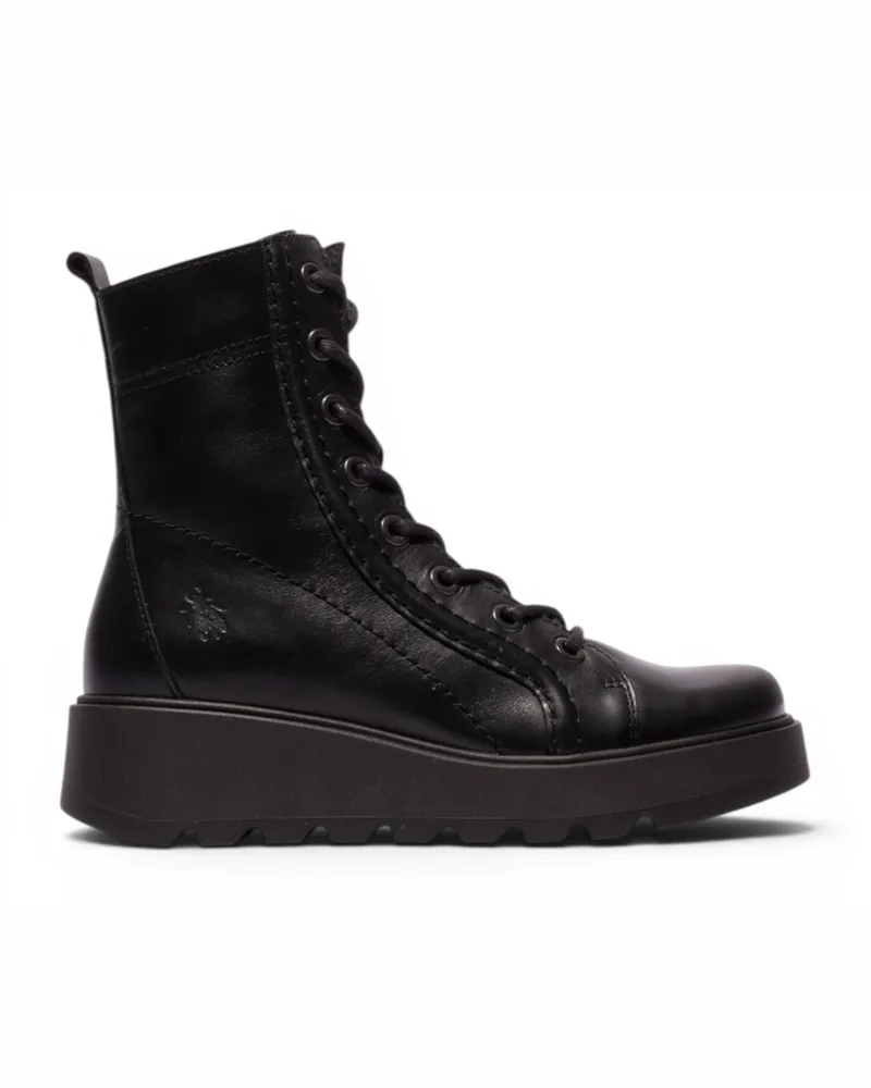 Fly London Damen Schwarze Leder-Schnürstiefel mit Keilabsatz – TERY554 Schwarz