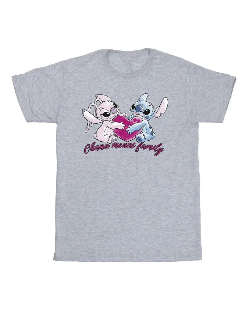 Disney Mädchen Lilo und Stitch Ohana Herz mit Engel Baumwolle T-Shirt (Sport grau Hellgrau