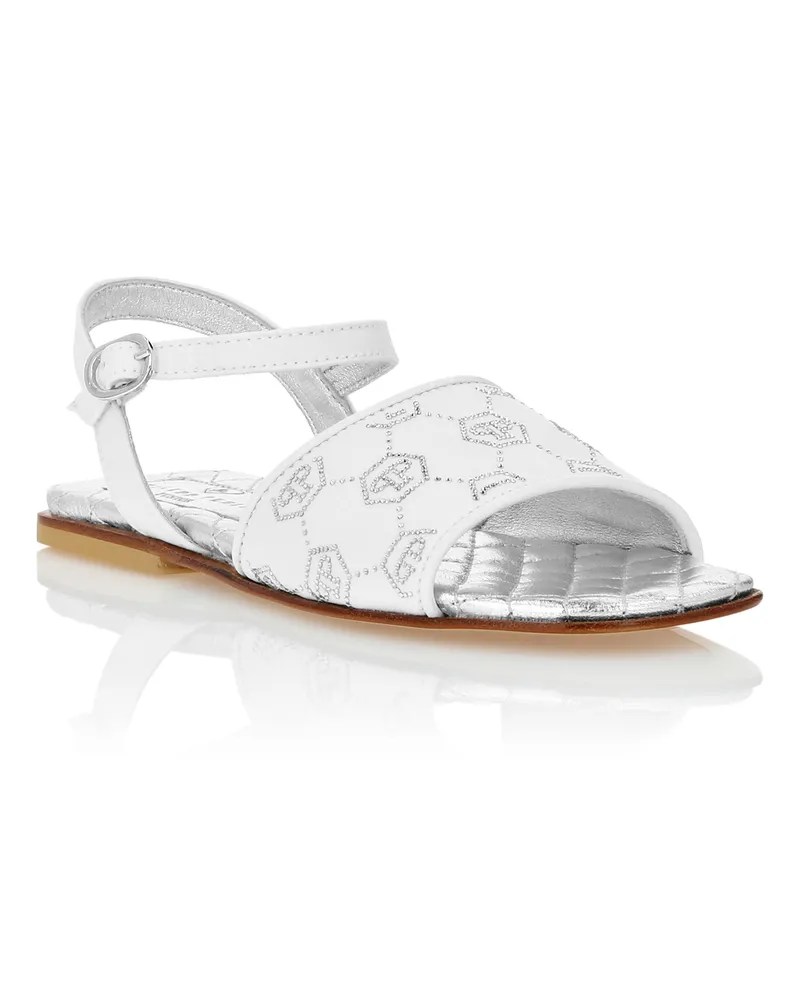 Philipp Plein Satin Flat Sandals Monogram Strass Weiß