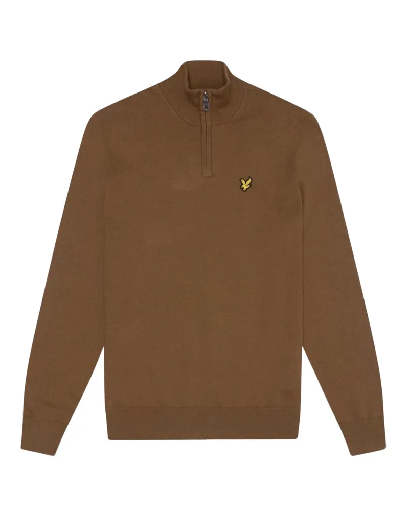 Lyle & Scott Plain Branded Cotton Merino Quarter Zip Wild Nettle Pullover Braun