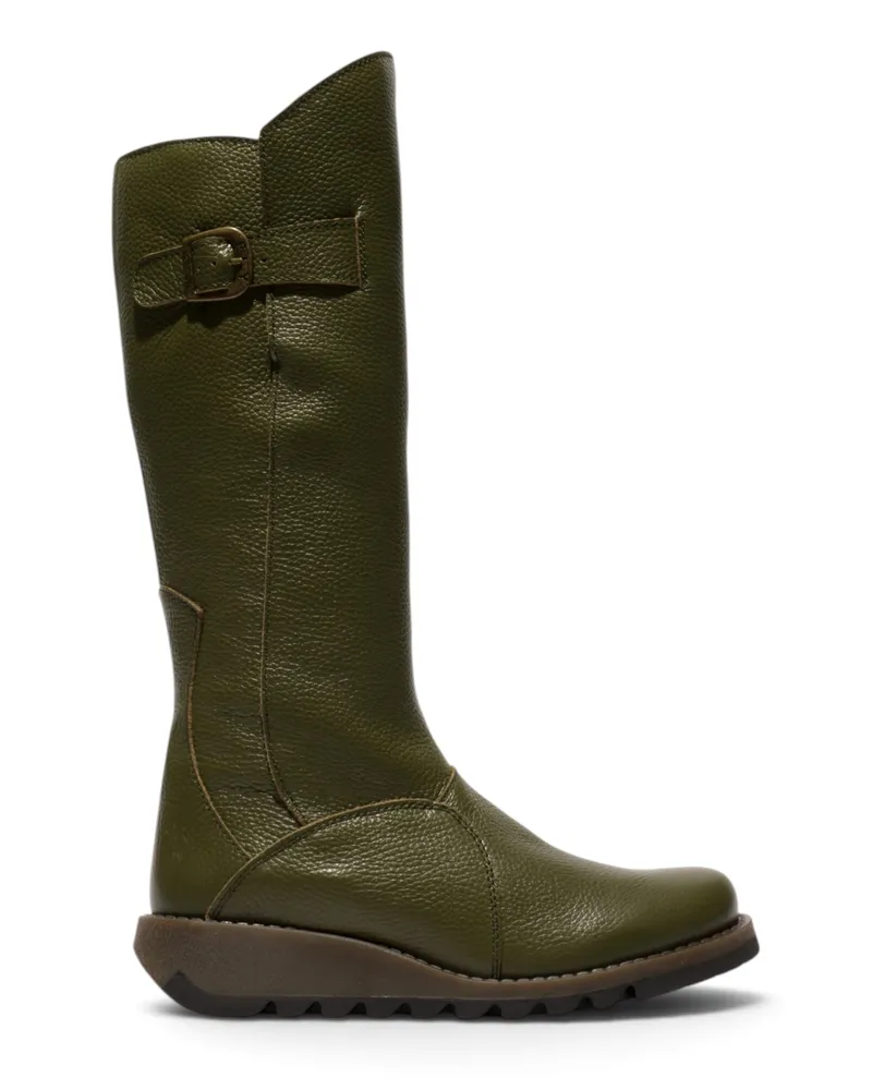 Fly London Damen Kniehohe Lederstiefel mit Keilabsatz in Militärgrün - MOL2 Khaki