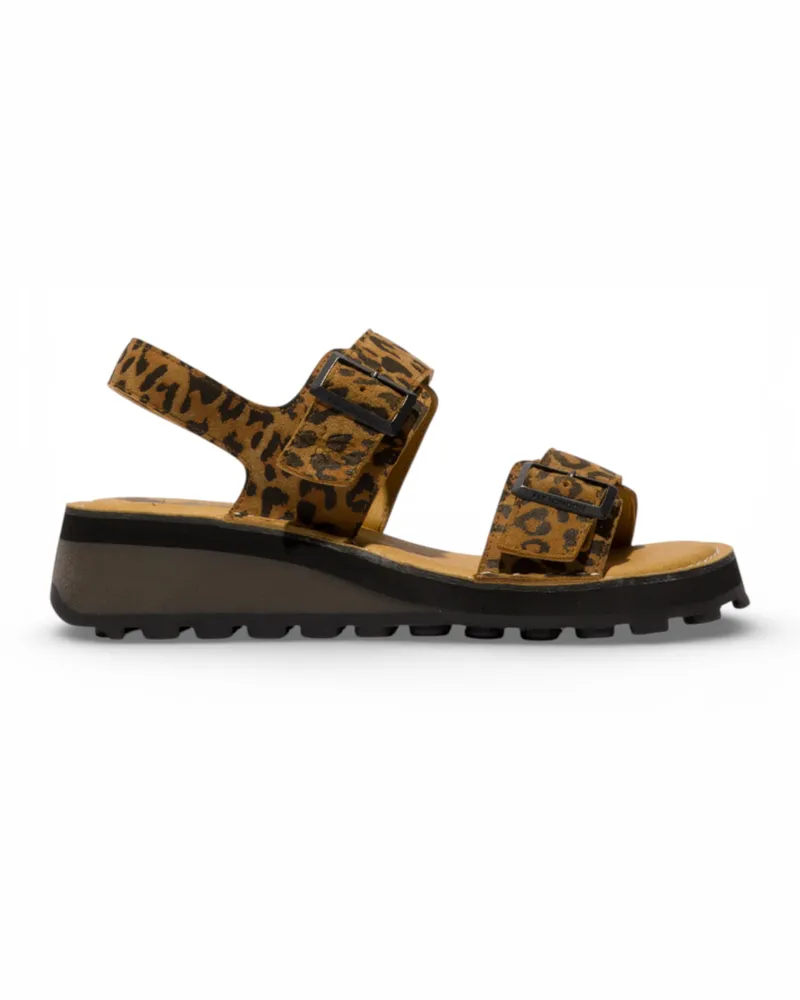 Fly London Damen-Sandalen HEIF558FLY aus hellbraunem Leder mit Keilabsatz und Schnalle, Modell Leopardenmuster Cognac