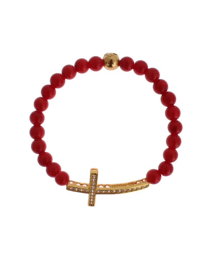 Nialaya Rotes Korallen Gold CZ Kreuz 925 Silberarmband Rot