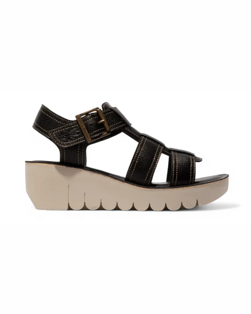 Fly London Damen YUDD236FLY Schwarze Mousse Ledersandalen Espadrille Plateau Wedges Schwarz