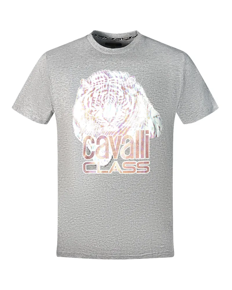 Roberto Cavalli Großes Tigerlogo Graues T-Shirt Grau
