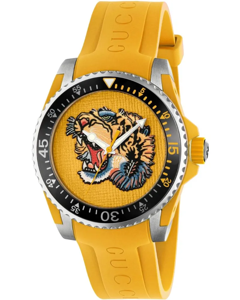 Gucci YA136317 Herrenuhr mit gelbem, besticktem Tiger-Zifferblatt Gelb
