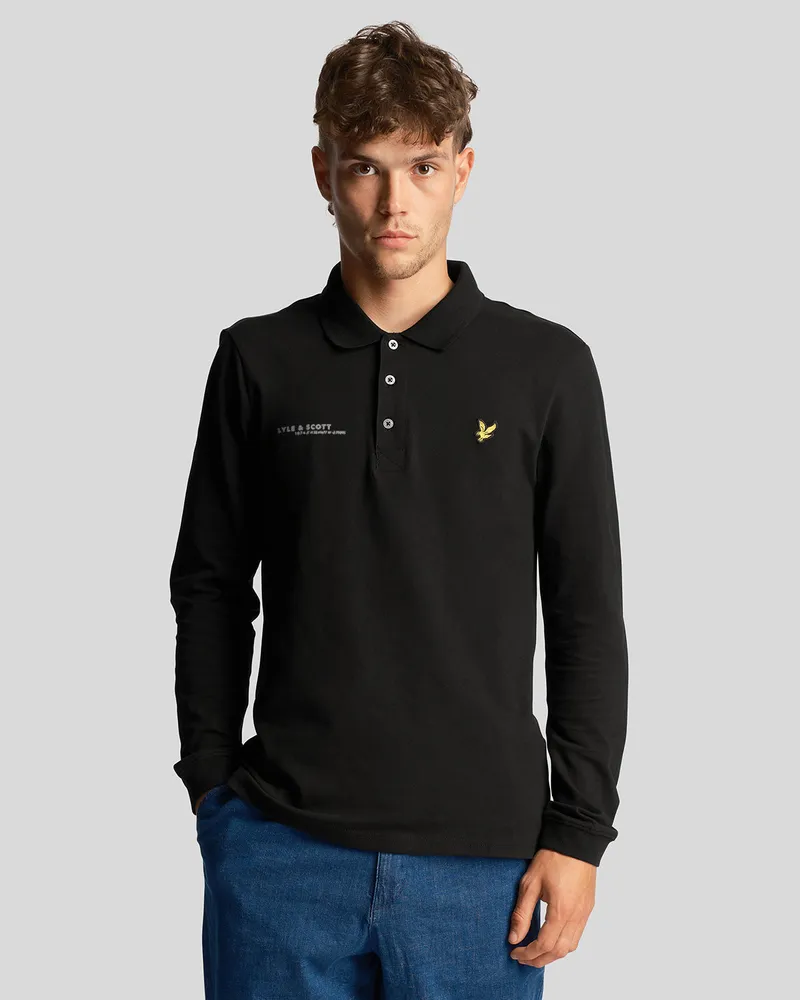 Lyle & Scott Herren-Langarm-Poloshirt mit passendem Aufdruck in Schwarz Schwarz