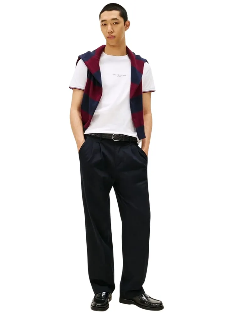 Tommy Hilfiger T-Shirt für Herren, Mit kontrastfarbenen Streifen, Schmal (Weiß Weiß