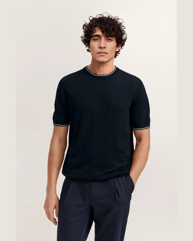 Bugatti Herren Strick-T‑Shirt, kurzarm, Rundhals aus Viskose-Mix - Marineblau Marineblau