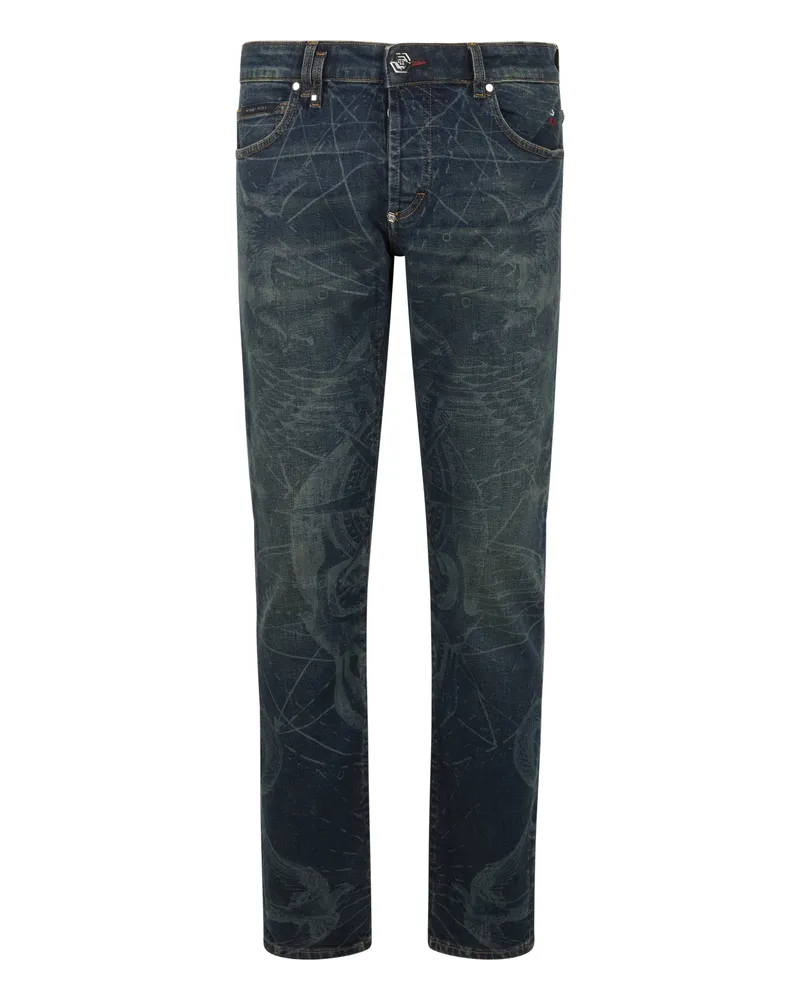 Philipp Plein Printed Super Straight Cut Jeans Tattoo Dunkelblau