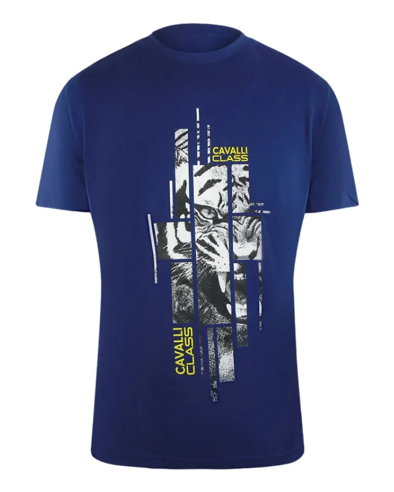 Roberto Cavalli T-shirt Mit Abstraktem Tiger-logo In Blau Blau