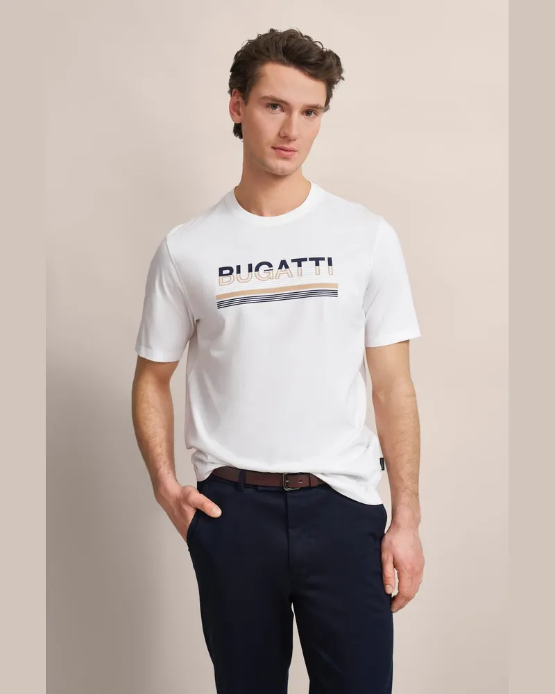 Bugatti Herren T-Shirt mit gummiertem Logo-Print Weiß
