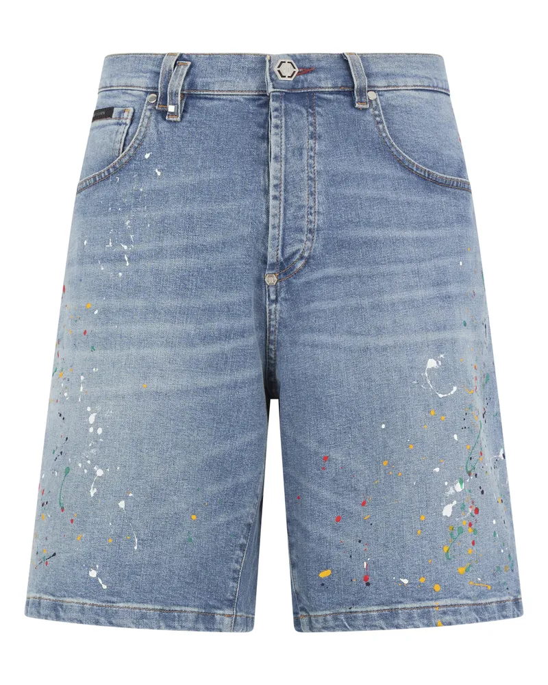 Philipp Plein Denim Shorts Paint Hellblau
