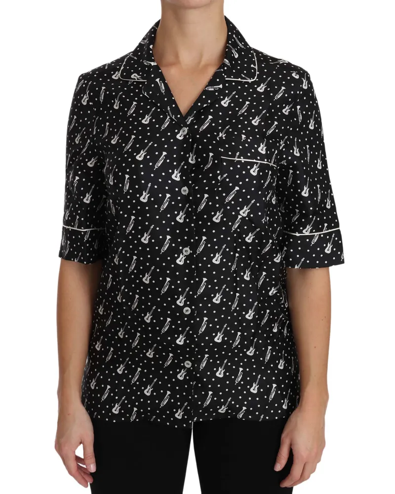Dolce & Gabbana Damen Seidenhemd mit schwarzem Gitarren- und Trompetendruck Schwarz