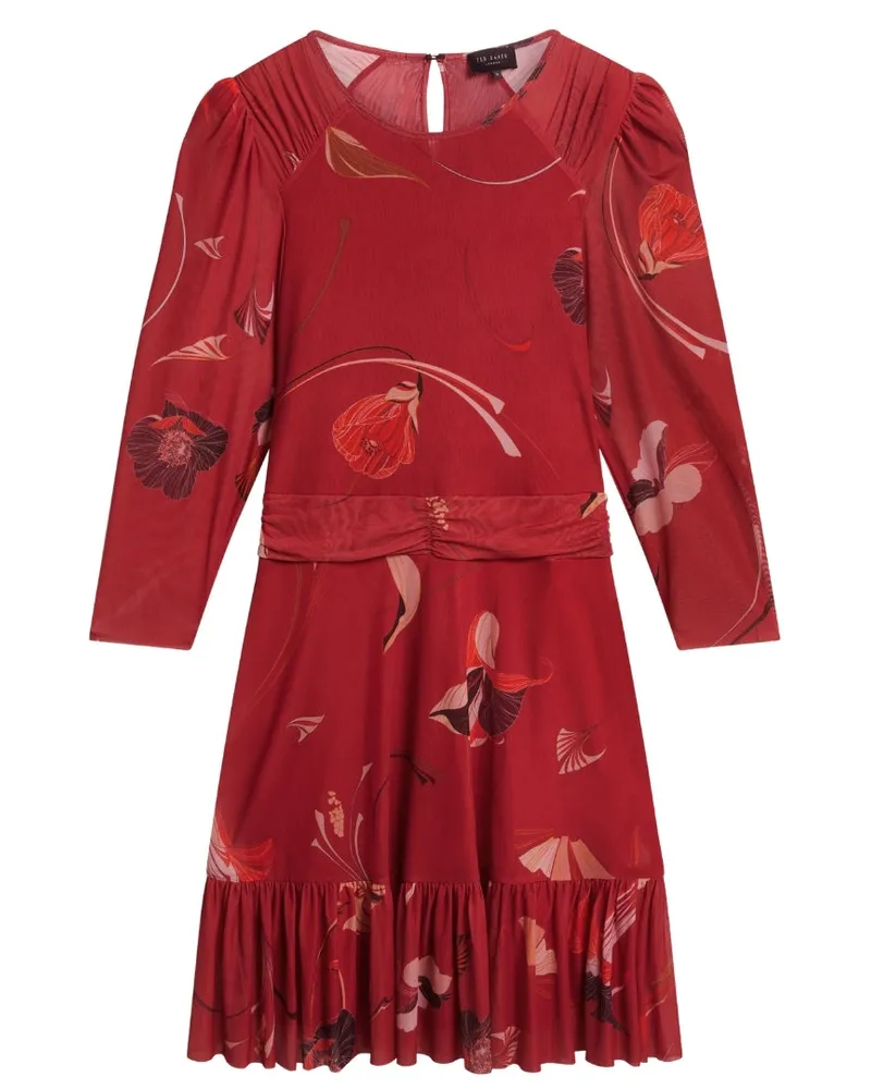 Ted Baker Mini-skaterkleid Aus Rotem Mesh Mit Gerafften Schultern Bordeaux