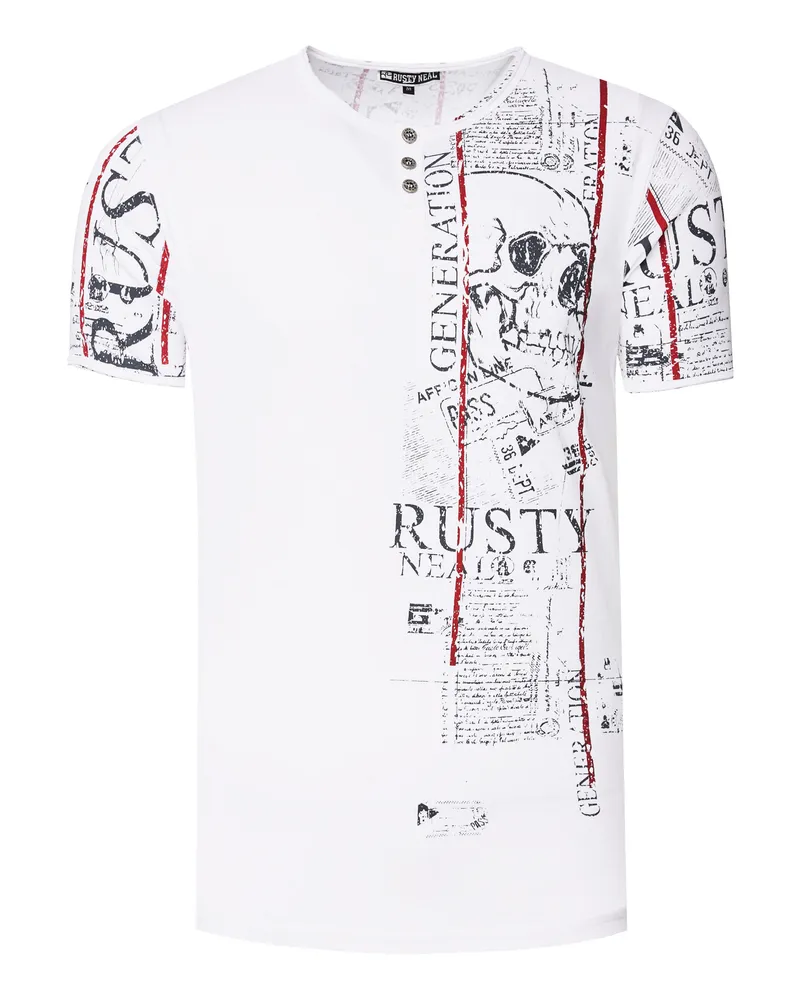Rusty Neal Henley T-Shirt mit Knopfleiste und Seitlichen Front Prints Weiß