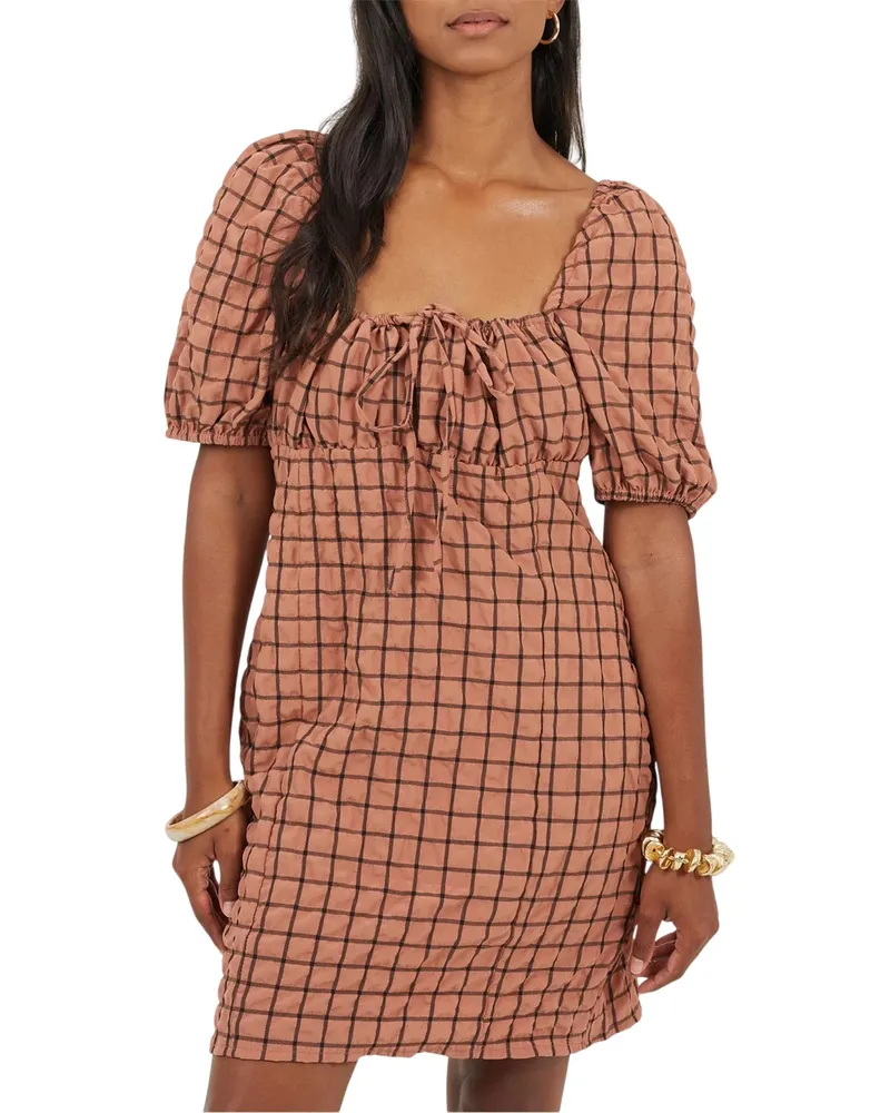 Brave Soul Minikleid für Damen, Eckiger Ausschnitt, Puffärmel (Rostfarben/Schwarz Rostbraun