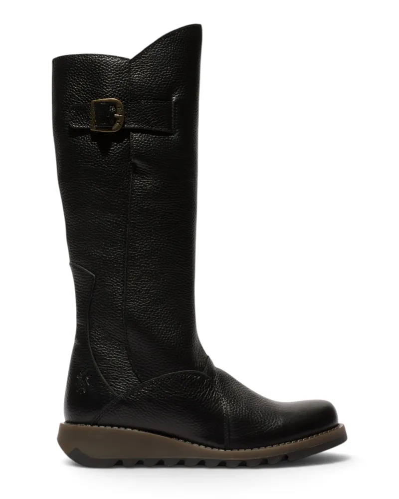 Fly London Damen Kniehohe Lederstiefel mit Keilabsatz in Schwarz - MOL2 Schwarz