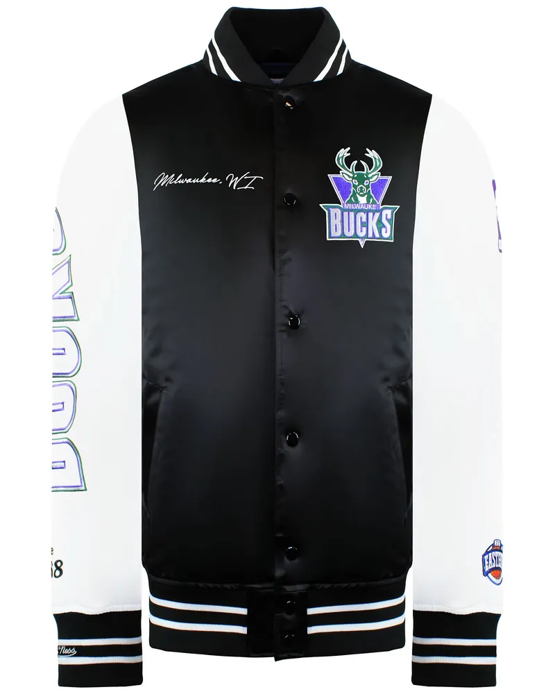 Mitchell & Ness NBA Milwaukee Bucks Herren Satin Bomberjacke Schwarz