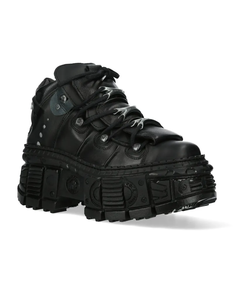 New Rock Metallic-Knöchelstiefel aus schwarzem Leder-WALL106-S12 Schwarz