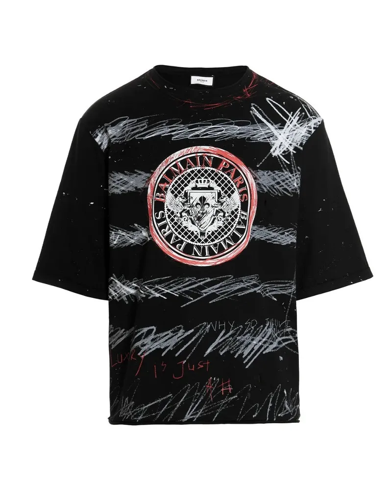 Balmain Paris T‑Shirt mit Graffiti-Münzlogo - Schwarz Schwarz