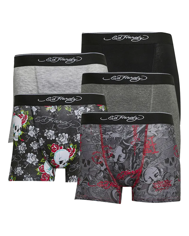 Ed Hardy 5er-Pack Herren Baumwollreiche Stretch-Boxershorts mit elastischem Bund Grau