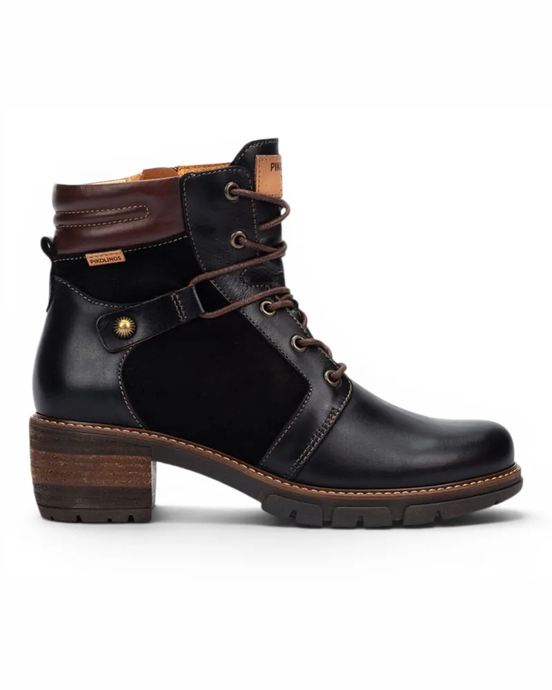 Pikolinos Schwarze Lederstiefel mit Reißverschluss und Schnürsenkel – San Sebastia Schwarz