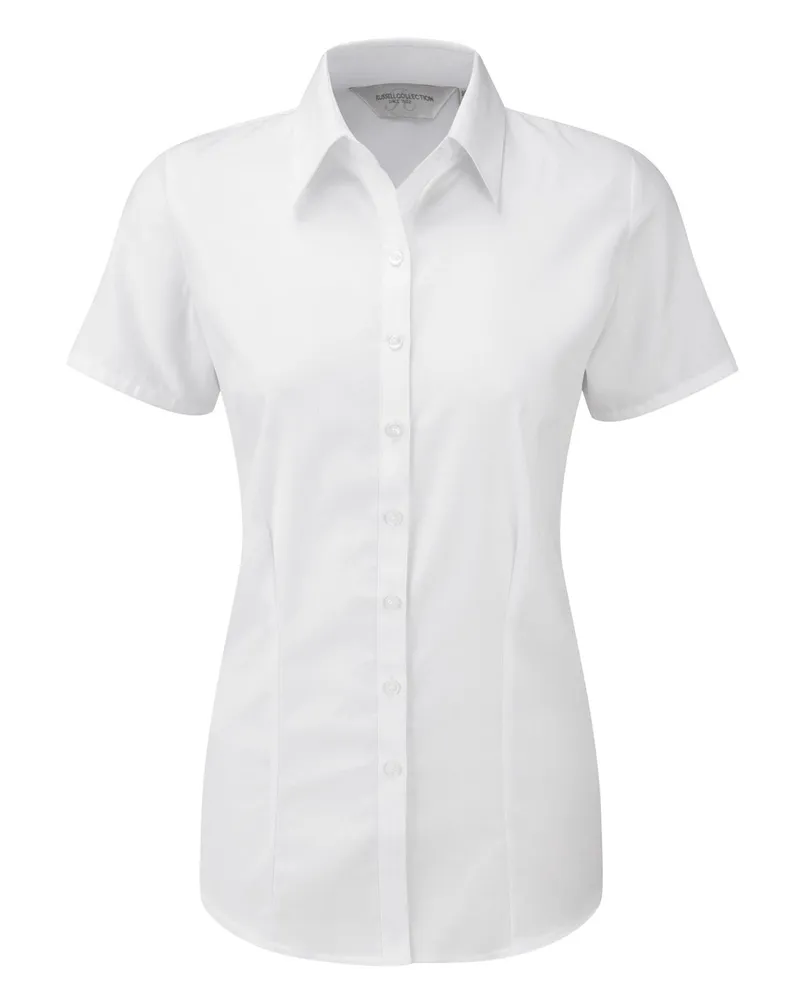 Russell Athletic Russell Damen Bluse / Hemd mit dezentem Fischgrätenmuster, kurzärmlig (Weiß Weiß