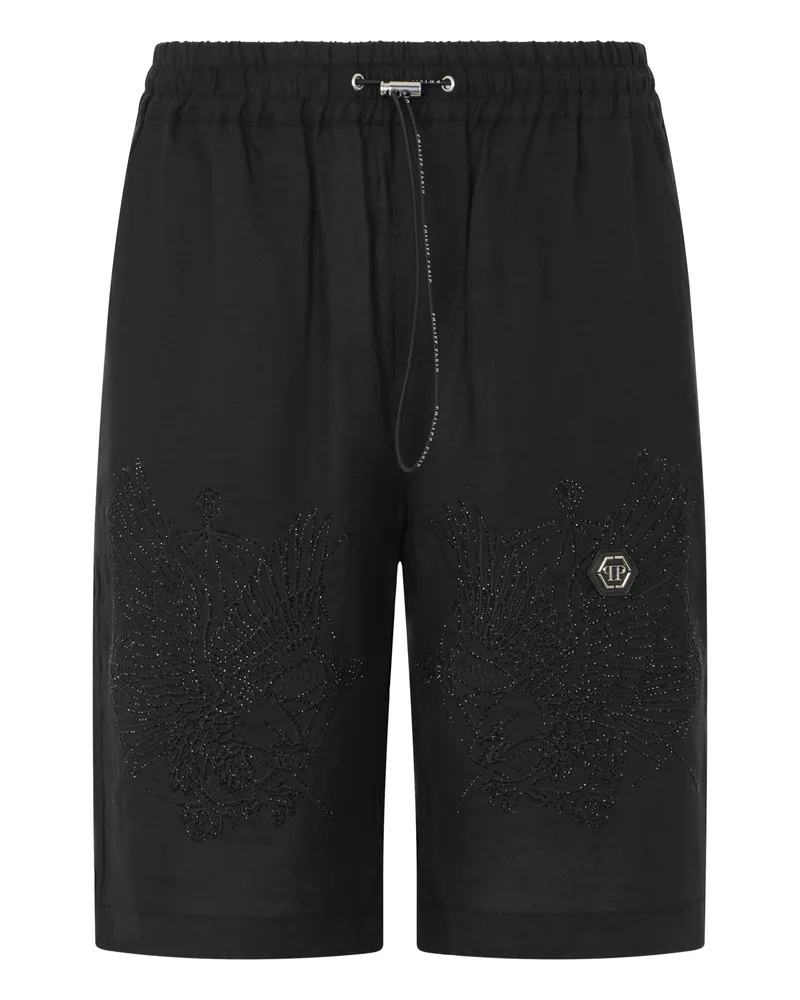 Philipp Plein Embroidered Linen Bowling Shorts Tattoo Strass Schwarz