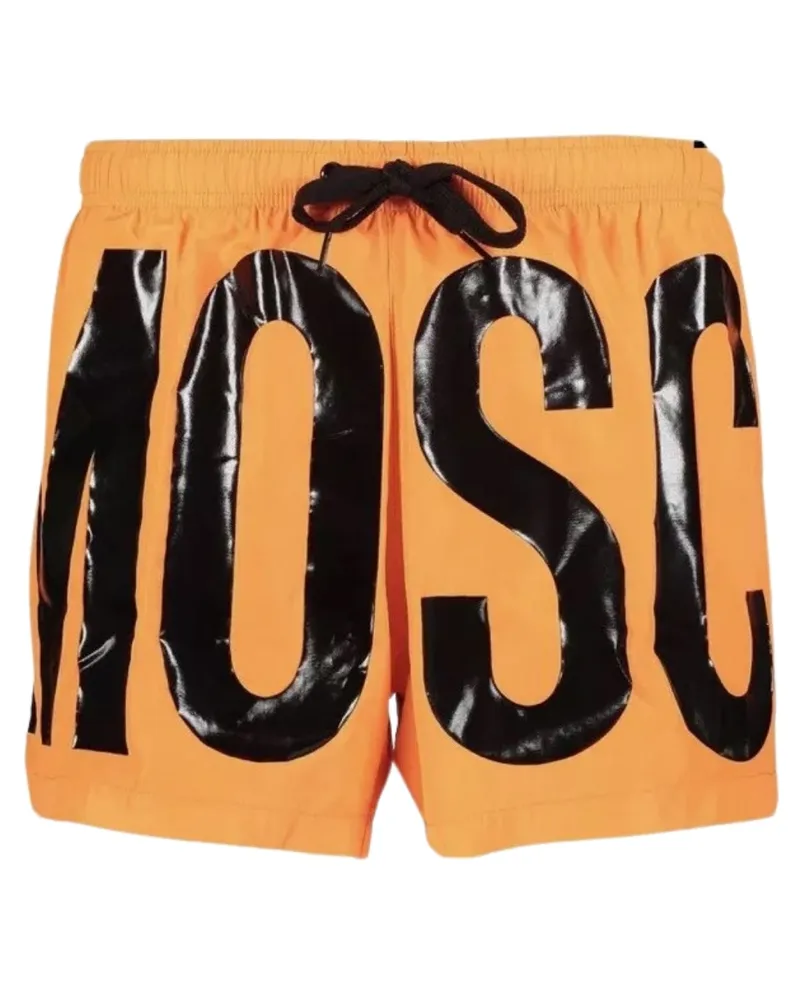 Moschino Hellorangefarbene kurze Badeshorts mit Printlogo der Marke Orange